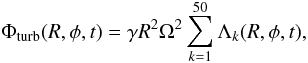Mathematical equation: \begin{equation} \Phi_{\rm turb}(R,\phi,t)=\gamma R^2 \Omega^2\sum_{k=1}^{50}\Lambda_k(R,\phi,t), \label{eq:phi} \end{equation}