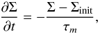 Mathematical equation: \begin{equation} \frac{\partial \Sigma}{\partial t}=-\frac{\Sigma-\Sigma_{\rm init}}{\tau_m}, \label{eq:damp} \end{equation}