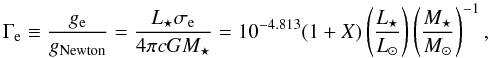 Mathematical equation: \begin{equation} \Gamma_{\rm{e}} \equiv \frac{g_{\rm{e}}}{g_{\rm{Newton}}} = \frac{\lstar \sigma_{\rm e}}{4\pi c G \mstar} = 10^{-4.813} (1+X) \left(\frac{\lstar}{\lsun}\right)\left(\frac{\mstar}{\msun}\right)^{-1}, \label{eq_gammae} \end{equation}