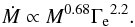 Mathematical equation: \begin{eqnarray} \label{eq:mlrB1} \nonumber \dot{M} \propto M^{0.68} \gammae^{2.2}. \end{eqnarray}