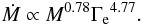 Mathematical equation: \begin{eqnarray} \label{eq:mlrB} \nonumber \dot{M} \propto M^{0.78} \gammae^{4.77}. \end{eqnarray}
