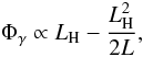 Mathematical equation: \begin{equation} \Phi_{\gamma} \propto L_{\rm H} - {\displaystyle \frac{L_{\rm H}^{2}}{2 L}}, \end{equation}