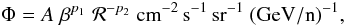 Mathematical equation: \begin{equation} \Phi = A \; \beta^{p_{1}} \; {\cal R}^{- {p_{2}}}~{\rm cm}^{-2}\,{\rm s}^{-1} \, {\rm sr}^{-1}~({\rm GeV/n})^{-1}, \label{eq:flux_fit} \end{equation}
