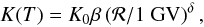 Mathematical equation: \begin{equation} K(T) = K_{0} \beta \left( {\mathcal R}/{\rm 1~GV} \right)^{\delta}, \label{space_diffusion_coefficient} \end{equation}