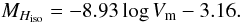 Mathematical equation: \begin{equation} M_{H_{\rm iso}} = -8.93 \log V_{\rm m} - 3.16. \label{eq_TFR1} \end{equation}