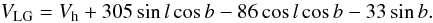 Mathematical equation: \begin{equation} V_{\rm LG} = V_{\rm h} + 305 \sin l \cos b - 86 \cos l \cos b - 33 \sin b. \label{eq_vlg} \end{equation}