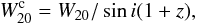 Mathematical equation: \begin{equation} W_{20}^{\rm c} = W_{20} / \sin i (1+z), \end{equation}