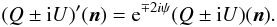 Mathematical equation: \begin{eqnarray} \label{Q-U-} (Q\pm {\rm i} U)'(\vec{n})={\rm e}^{\mp 2i\psi}(Q\pm {\rm i} U)(\vec{n}). \end{eqnarray}