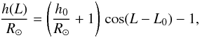 Mathematical equation: \begin{equation} \frac{h(L)}{\Rsun} = \left( \frac{h_0}{\Rsun} + 1 \right) \, \cos(L - L_0) - 1, \label{eqn:h_profile} \end{equation}