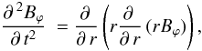 Mathematical equation: \begin{equation} \label{linearxpoint} \frac{\partial\,^{2}B_{\varphi}}{\partial\,t^{2}}\ =\frac{\partial\,}{\partial\,r}\left(r\frac{\partial\,}{\partial\,r}\,(rB_{\varphi})\right), \end{equation}