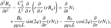 Mathematical equation: \begin{eqnarray} \label{Nonlineqxpoint} &&\frac{\partial^{2}B_{\varphi}}{\partial t^{2}}-\frac{C^{2}_{\mathrm{A}}}{L^{2}}\frac{\partial\,}{\partial\,r}\left(r\frac{\partial\,}{\partial\,r}\,(rB_{\varphi})\right) = \frac{\partial}{\partial t}N_{3} \nonumber\\ & &\qquad + \frac{B_{0}}{\mu\rho_{0}L}\sin (2\varphi)\frac{\partial}{\partial r}(rN_{2}) -\frac{B_{0}}{\mu\rho_{0}L}\cos (2\varphi)\frac{\partial}{\partial r}(rN_{1}), \end{eqnarray}