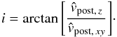 Mathematical equation: \begin{equation} \label{eq:i} i = \arctan{\left[\frac{\hat{v}_{{\rm post},\,z}}{\hat{v}_{{\rm post},\,xy}}\right]}\cdot \end{equation}