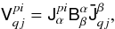 Mathematical equation: \begin{equation} \tens{V}^{pi}_{qj}=\tens{J}_{\alpha}^{pi} \tens{B}^\alpha_\beta \tens{\bar J}^{\beta}_{qj}, \label{eq:me0-tensor1} \end{equation}
