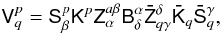 Mathematical equation: \begin{equation} \tens{V}_{q}^{p}=\tens{S}_{\beta}^{p}\tens{K}^{p}\tens{Z}_{\alpha}^{a\beta}\tens{B}_{\delta}^{\alpha}\tens{\bar Z}_{q\gamma}^{\delta}\tens{\bar K}_{q}\tens{\bar S}_{q}^{\gamma},\label{eq:gme-beamformer} \end{equation}