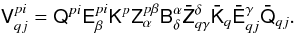 Mathematical equation: \begin{equation} \label{eq:gme-classic-no-xtalk} \tens{V}^{pi}_{qj} = \tens{Q}^{pi}\tens{E}_{\beta}^{pi}\tens{K}^{p}\tens{Z}_{\alpha}^{p\beta} \tens{B}^\alpha_\delta \tens{\bar Z}_{q\gamma}^{\delta}\tens{\bar K}_{q}\tens{\bar E}_{qj}^{\gamma}\tens{\bar Q}_{qj}. \end{equation}