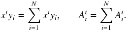 Mathematical equation: \appendix \setcounter{section}{1} $$ x^i y_i = \sum_{i=1}^{N} x^i y_i, \;\;\;\;\;\; A^i_i = \sum_{i=1}^{N} A^i_i. $$