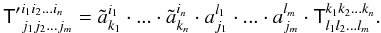 Mathematical equation: \appendix \setcounter{section}{1} \begin{equation} \label{eq:tensor-coord-xform} \tens{T'}_{j_1j_2...j_m}^{i_1i_2...i_n} = \tilde a^{i_1}_{k_1}\cdot...\cdot\tilde a^{i_n}_{k_n} \cdot a_{j_1}^{l_1}\cdot...\cdot a_{j_m}^{l_m} \cdot \tens{T}_{l_1l_2...l_m}^{k_1k_2...k_n}. \end{equation}