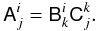 Mathematical equation: \appendix \setcounter{section}{1} $$ \tens{A}_{j}^{i}=\tens{B}_{k}^{i}\tens{C}_{j}^{k}. $$