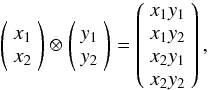 Mathematical equation: \appendix \setcounter{section}{1} $$ \left( \begin{array}{c}x_1\\x_2\end{array} \right)\otimes \left( \begin{array}{c}y_1\\y_2\end{array} \right) = \left( \begin{array}{c}x_1y_1\\x_1y_2\\x_2y_1\\x_2y_2\end{array} \right), $$