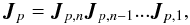 Mathematical equation: \begin{equation} \label{eq:jones-chain} \jones{J}{p} = \jones{J}{p,n} \jones{J}{p,n-1} ... \jones{J}{p,1}, \end{equation}