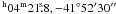 Mathematical equation: \hbox{$^{\rm h} 04^{\rm m} 21\fs 8, -41^{\circ} 52^{\prime} 30^{\prime\prime}$}