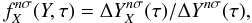 Mathematical equation: $$ {f}_X^{n\sigma}(Y,\tau)=\Delta Y_X^{n\sigma}(\tau)/\Delta Y^{n\sigma}(\tau), $$