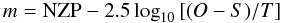 Mathematical equation: \appendix \setcounter{section}{1} \begin{equation} m = \mathrm{NZP} - 2.5\, \mathrm{log}_{10}\, [(O-S)/T] \label{eqn:mag} \end{equation}