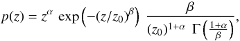 Mathematical equation: \begin{equation} p(z)=z^\alpha \, \exp\left(-(z/z_0)^{\beta}\right)\: \frac{\beta}{(z_0)^{1+\alpha}\:\:\Gamma\left(\frac{1+\alpha}{\beta}\right)}, \end{equation}