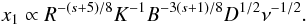Mathematical equation: \begin{equation} x_1\propto R^{-(s+5)/8} K^{-1}B^{-3(s+1)/8}D^{1/2}\nu^{-1/2}. \end{equation}