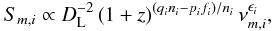 Mathematical equation: \begin{equation} S_{m,i}\propto D_{\rm L}^{-2}\left(1+z\right)^{(q_in_i-p_if_i)/n_i}\nu_{m,i}^{\epsilon_{i}}, \label{smnum} \end{equation}