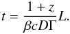 Mathematical equation: \begin{equation} t=\frac{1+z}{\beta cD\Gamma}L. \label{t1} \end{equation}