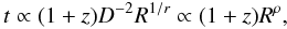 Mathematical equation: \begin{equation} t\propto(1+z)D^{-2}R^{1/r}\propto (1+z)R^\rho, \label{time} \end{equation}