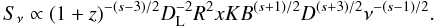 Mathematical equation: \begin{equation} S_\nu\propto (1+z)^{-(s-3)/2}D_{\rm L}^{-2}R^2xKB^{(s+1)/2}D^{(s+3)/2}\nu^{-(s-1)/2}. \label{su} \end{equation}