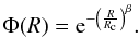 Mathematical equation: \begin{equation} \Phi(R)={\rm e}^{-\left(\frac{R}{R_{\rm c}}\right)^\beta} \label{eqn:selectionfunction}. \end{equation}