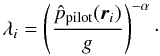 Mathematical equation: \begin{equation} \label{eq:lambda} \lambda_i= \left(\frac{\hat{p}_{\rm pilot}(\vec{r}_i)}{g}\right)^{-\alpha}\cdot \end{equation}