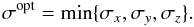 Mathematical equation: \begin{equation} \label{percentile} \s^{\rm opt}=\min\{\s_x,\s_y,\s_z\}. \end{equation}
