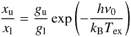 Mathematical equation: \appendix \setcounter{section}{3} \begin{equation} \frac{x_{\rm u}}{x_{\rm l}} = \frac{g_{\rm u}}{g_{\rm l}} \exp \left( - \frac{h \nu_0}{k_{\rm B}T_{{\rm ex}}} \right) \end{equation}