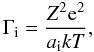 Mathematical equation: \begin{equation} \Gamma_{\rm i}=\frac{Z^2 {\rm e}^2}{a_{\rm i} kT} , \end{equation}