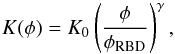 Mathematical equation: \begin{equation} K (\phi) = K_0 \left( \frac{\phi}{\phirbd} \right)^\gamma , \end{equation}