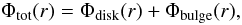 Mathematical equation: \begin{equation} \Phi_{\rm tot}(r)=\Phi_{\rm disk}(r)+\Phi_{\rm bulge}(r), \label{eqn:Phi_bar} \end{equation}