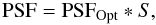 Mathematical equation: \begin{equation} \mathrm{PSF} = \mathrm{PSF_\mathrm{{Opt}}} *S, \end{equation}