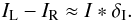 Mathematical equation: \begin{equation} \centering I_\mathrm{L} - I_\mathrm{R} \approx I* \delta_\mathrm{I}. \label{eq:intdiff2} \end{equation}