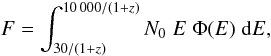Mathematical equation: \begin{equation} F = \int_{30/(1+z)}^{10\,000/(1+z)} N_0 \; E \; \Phi(E) \; {\rm d}E, \end{equation}