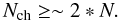Mathematical equation: \begin{equation} % N_{\rm ch} \geq \sim 2*N. \label{eqOPD} \end{equation}