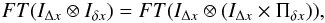 Mathematical equation: \begin{equation} % FT({I_{\Delta x} \otimes I_{\delta x}})=FT(I_{\Delta x} \otimes (I_{\Delta x}\times\Pi_{\delta x})), \end{equation}