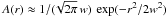 Mathematical equation: \hbox{$A(r) \approx 1/(\!\sqrt{2\pi}\,w)\,\exp(-r^2/2w^2)$}