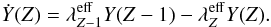 Mathematical equation: \begin{equation} \label{EvoEqu} \dot{Y}(Z) = \lambda_{Z-1}^{\rm eff} Y(Z-1) - \lambda_{Z}^{\rm eff} Y(Z). \end{equation}