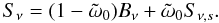 Mathematical equation: \begin{equation} S_\nu = (1-\tilde{\omega}_0)B_\nu + \tilde{\omega}_0 S_{\nu,s}. \label{eq.source2} \end{equation}