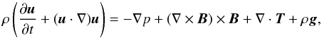 Mathematical equation: $$ \rho\left(\frac{\partial\vec{u}}{\partial t} + (\vec{u}\cdot\nabla)\vec{u}\right) = -\nabla p + (\nabla\times\vec{B})\times\vec{B} + \nabla\cdot\vec{T} + \rho\vec{g}, $$