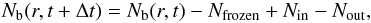 Mathematical equation: \begin{eqnarray} N_{\rm b}(r,t+\Delta t) = N_{\rm b}(r,t) - N_{\rm frozen} + N_{\rm in} - N_{\rm out}, \label{eq:ngrains} \end{eqnarray}